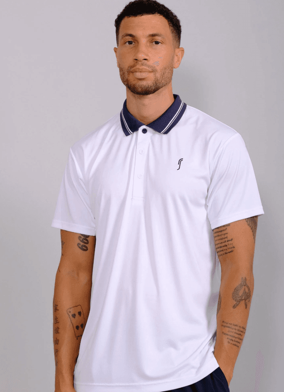 RS Men's Performance Court Polo - Stripled Collar REC (White / Navy)
